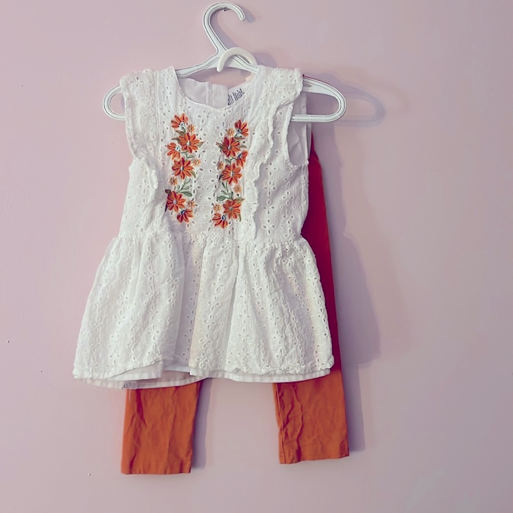 2 piece, orange pants with white shirt sleeve top size 5